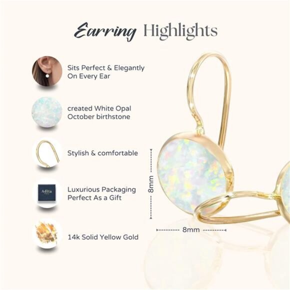 14k Solid Yellow Gold White Opal Earrings - October Birthstone Earrings - 8mm - Picture 6 of 8